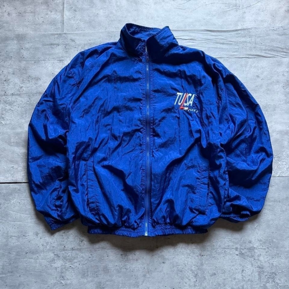 Vintage 90s Tulsa Oilers Blue Nylon Windbreaker Jacket Size Medium
